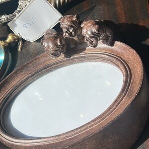 Ornate Oval Mirror with Three Bulldog Sculptures - Bronze Tone